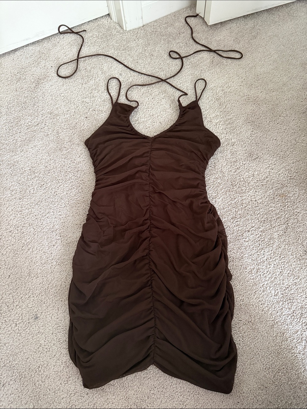 Ruched Brown Spaghetti-Strap Dress